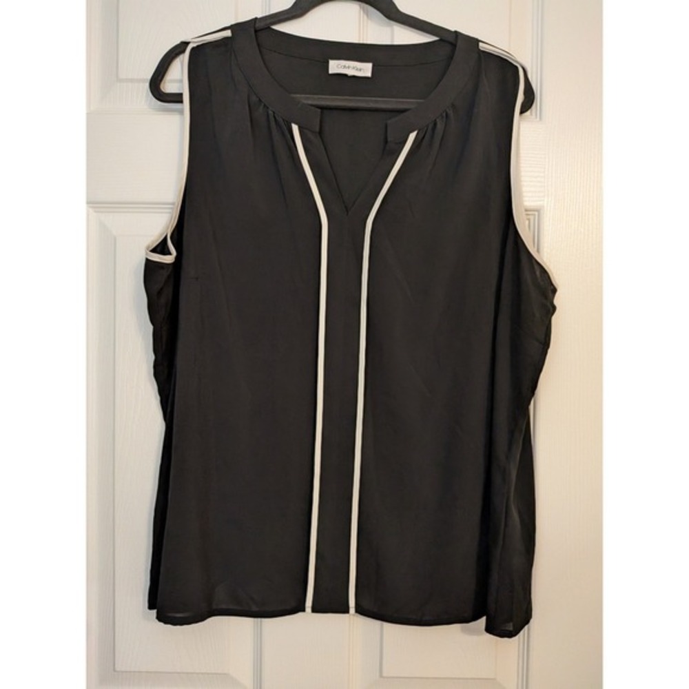 Calvin Klein Womens Sleeveless‎ Split V-Neck Blouse Black White Contrast Trim XL - Picture 8 of 8